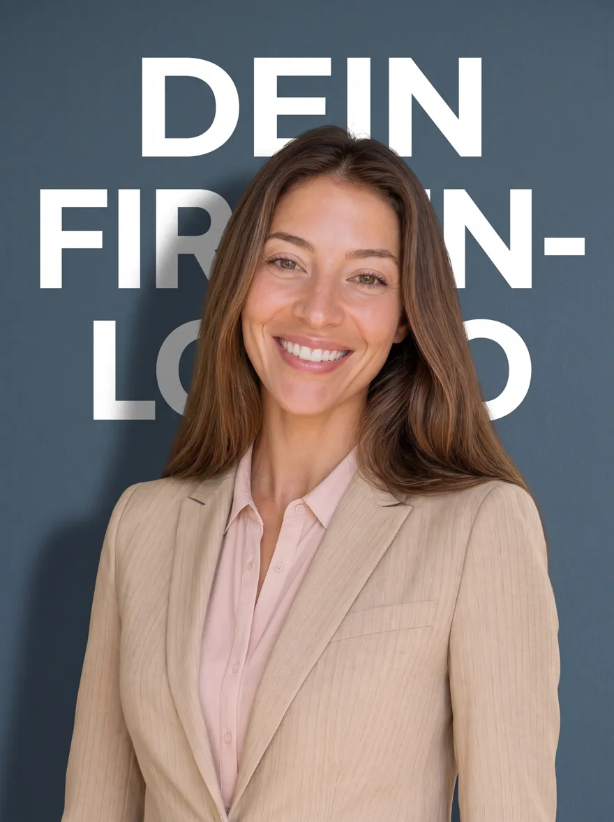 KI-Business-Porträt: beiger Blazer vor Firmenwand mit gut lesbarem Logo und realistischem Schatten